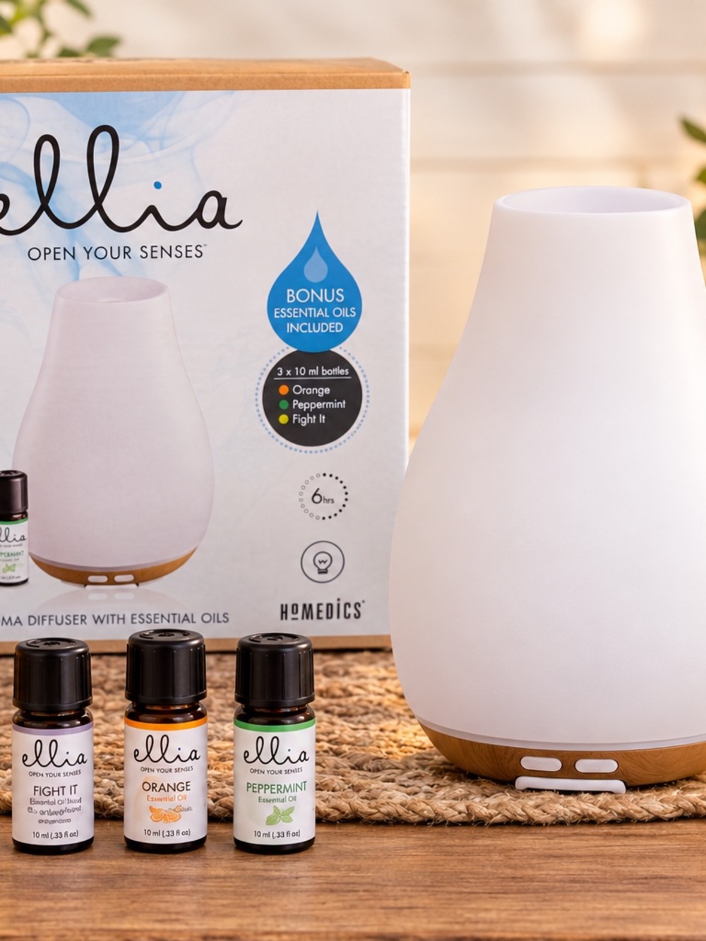 HoMedics Ellia Aroma Therapy Porcelain White Diffuser W/ 3 Essential Oils